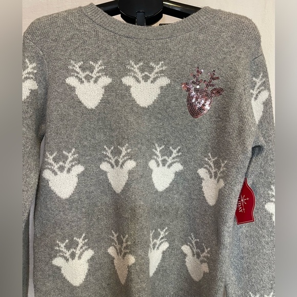 Ugly Christmas Sweater Reindeer Antlers & Sequin Women’s Soft Grey Large NWT - Picture 2 of 8
